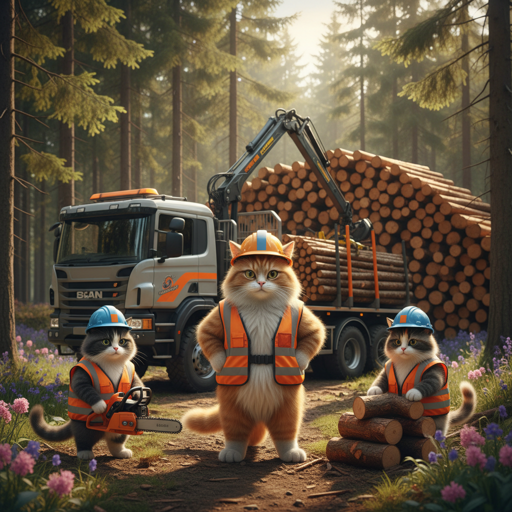 Metsätyövarusteisiin pukeutunut kissatiimi kaluston äärellä