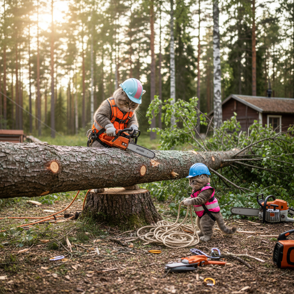 Kissat metsätöissä turvallisessa puunkaatotilanteessa