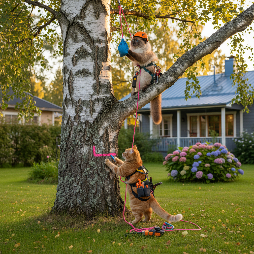 Kissat tarkastamassa puunkaatokohdetta pihalla